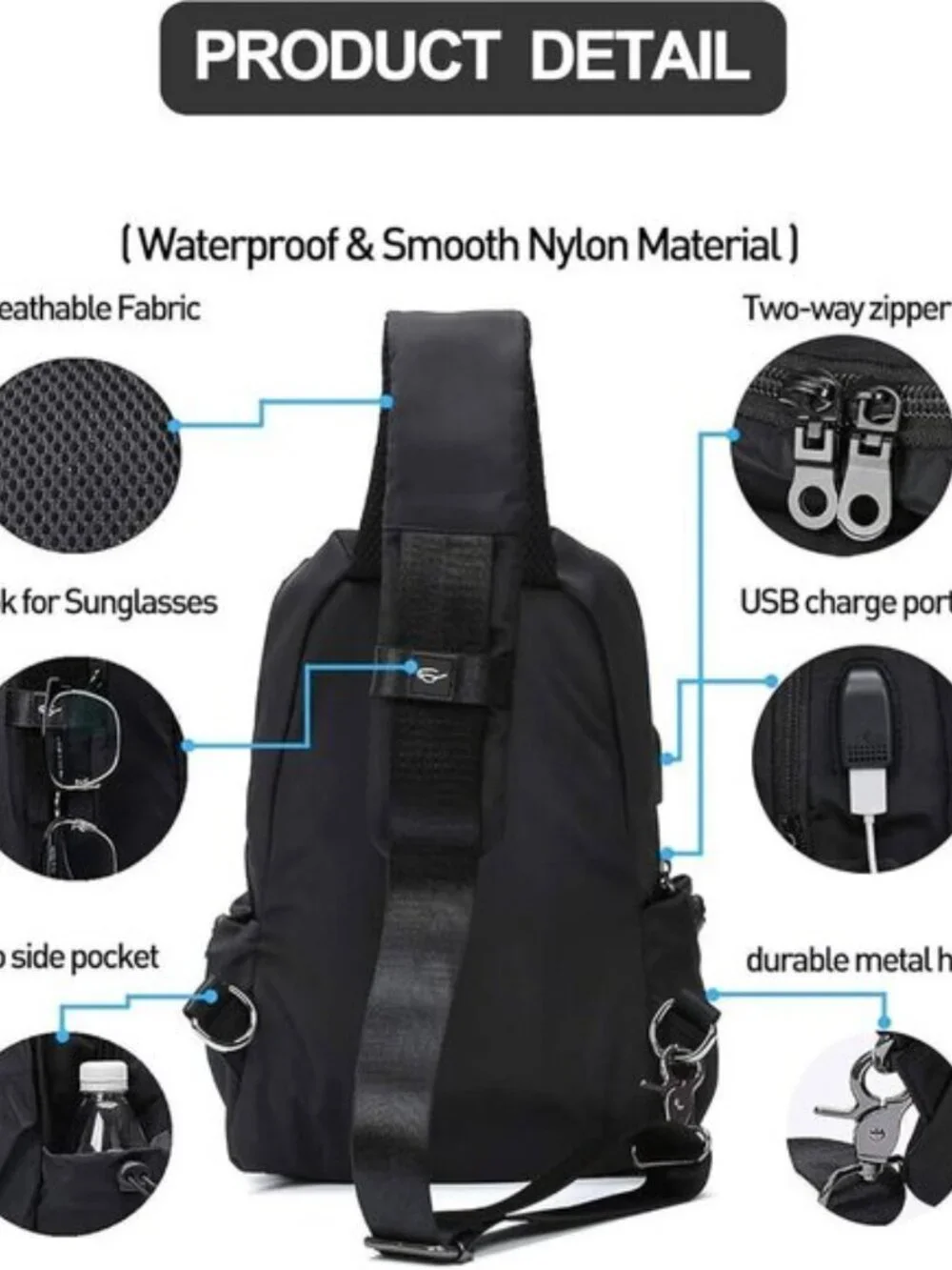 Men's Black Lightweight Hiking Sling Backpack Waterproof Crossbody Bag
